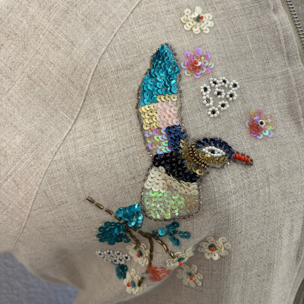 Anthropologie Blue Rain Sequin Hummingbird Bomber Jacket Size Small (S) - Picture 5 of 15